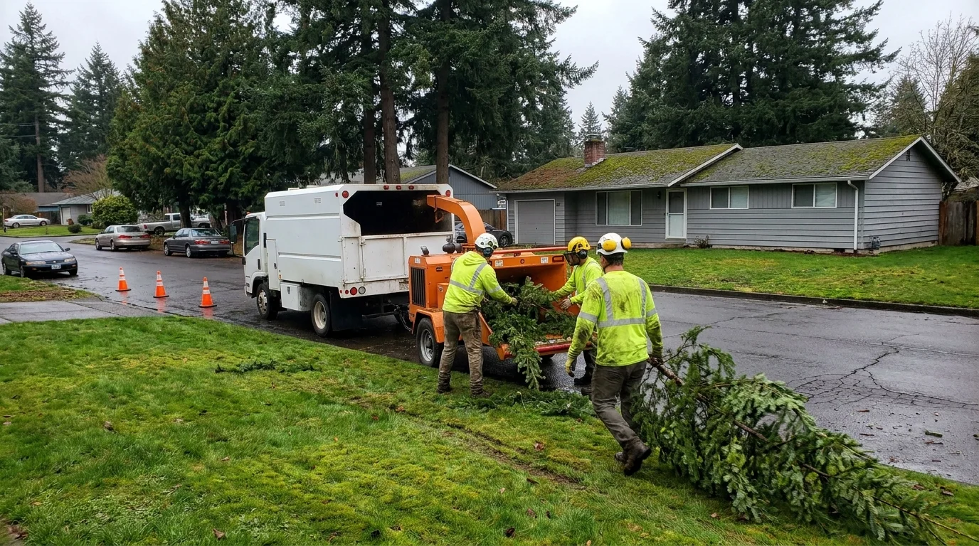 Tree service crew feeding brush into a chipper on a Vancouver street