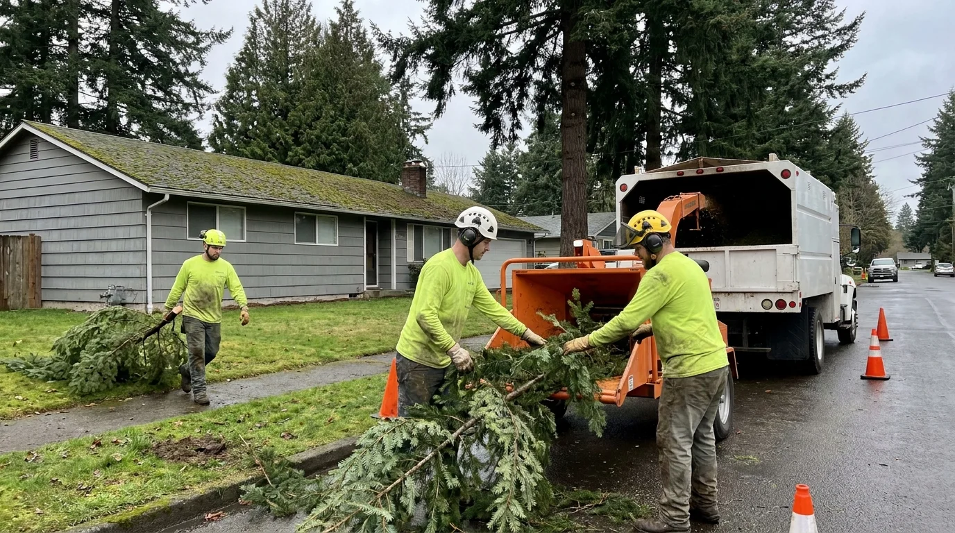 Crew member dragging a fir limb across a lawn