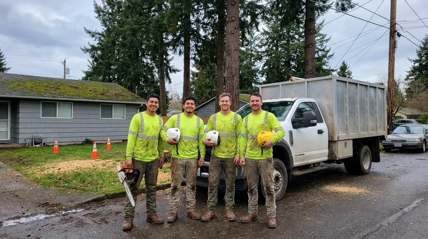 Tree service crew standing in front of a chip truck